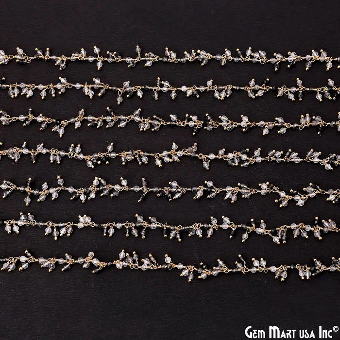 GemMartUSA Rutilated Faceted Bead 253mm Gold Plated Cluster Beads Wire Wrapped Rosary Chain Charm Necklaces