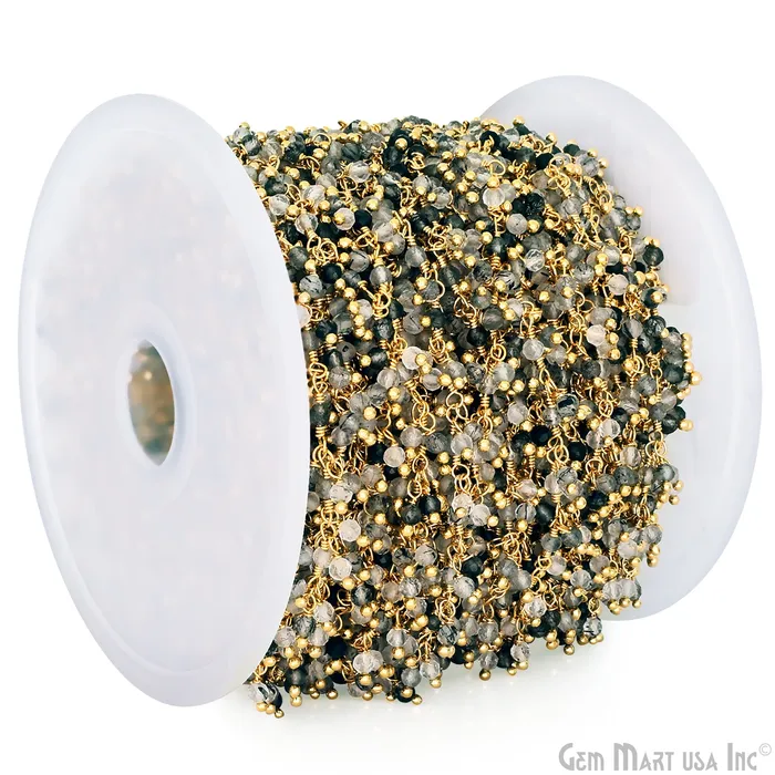GemMartUSA Rutilated Faceted Bead 253mm Gold Plated Cluster Beads Wire Wrapped Rosary Chain Charm Necklaces