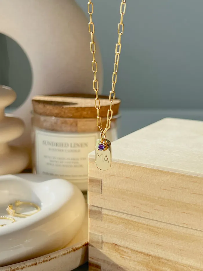 Grace PK Necklaces Initial Tag Necklace With Birthstone