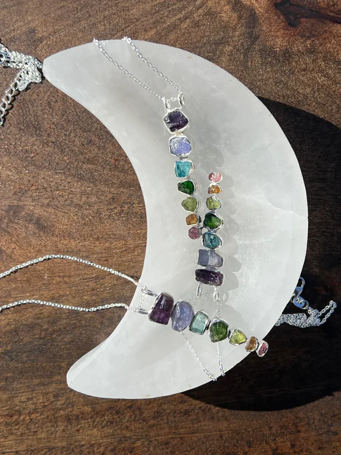 Healing Stone Crystal Bowls Natural Moon Selenite With 7 Stone Chakra 925 Sterling Silver Chain Pendant YoTreasure Necklaces