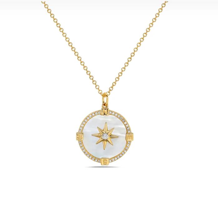 Necklaces Bassali 14k Yellow Gold Mother of Pearl Diamond Star Halo Disc Necklace I8518