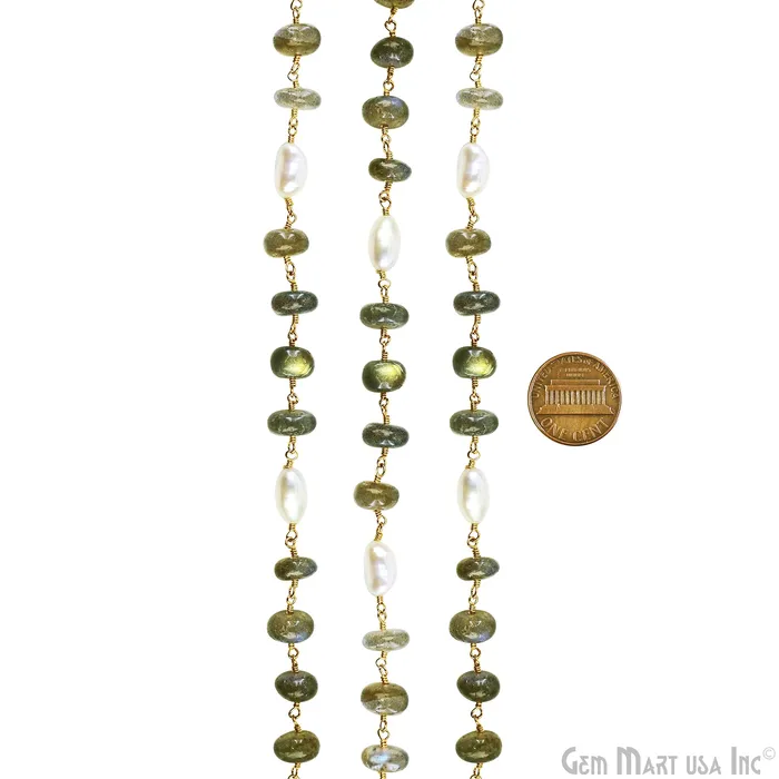 Necklaces GemMartUSA Labradorite Cabochon With Pearl Gold Wire Wrapped Rosary Chain