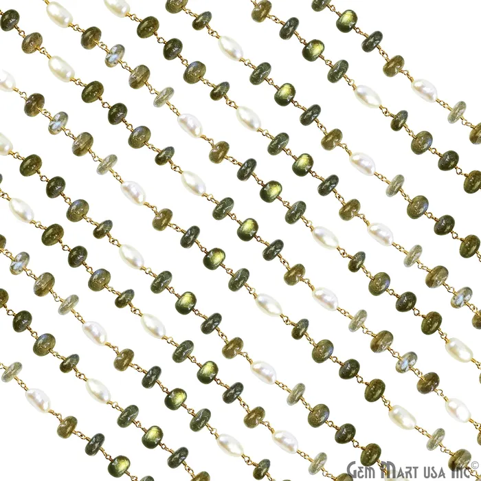 Necklaces GemMartUSA Labradorite Cabochon With Pearl Gold Wire Wrapped Rosary Chain