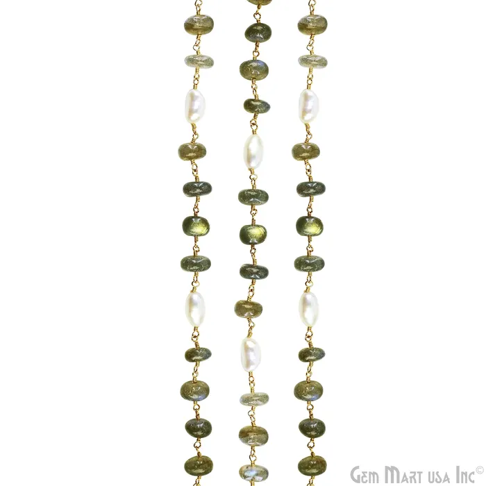 Necklaces GemMartUSA Labradorite Cabochon With Pearl Gold Wire Wrapped Rosary Chain