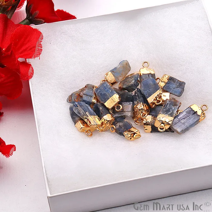 Rough Kyanite Gemstone 18x9mm Organic Gold Edged Single Bail Connector Charm GemMartUSA Charm Necklaces